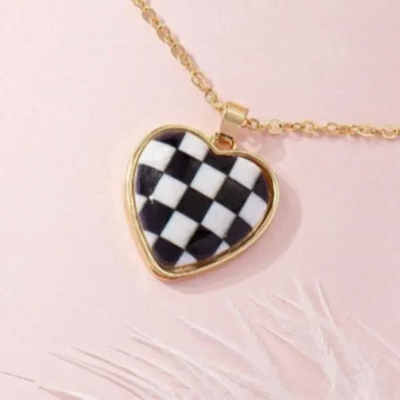 SEE NEW LISTING Checkerboard Heart Pendant Necklace - Picture 1 of 6